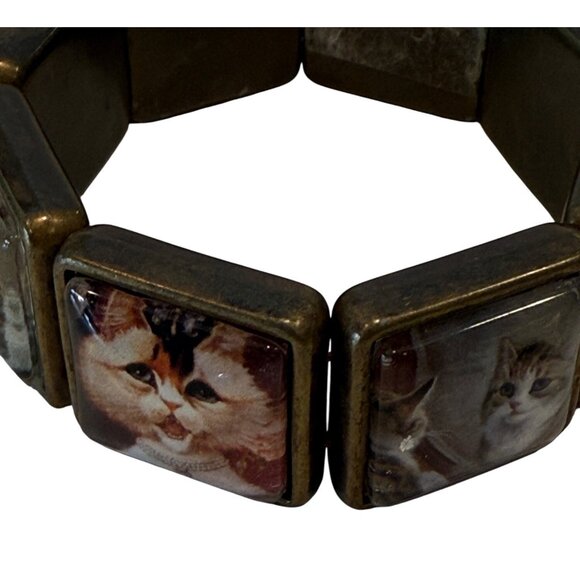 Bezel Set Cats Picture Charm Stretch Bracelet Vintage 7" - Picture 5 of 6
